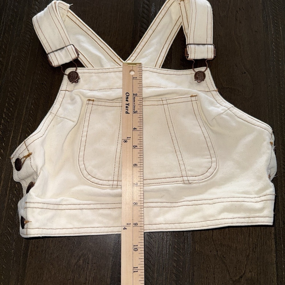 VINTAGE 90s NADA NUFF Cream Denim Overall Bib Crop Top Vest Small Festival✅ Des - Picture 5 of 9